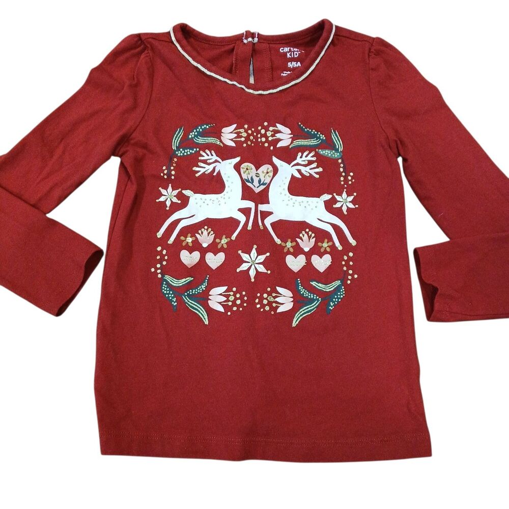 GIRLS CARTER'S 5 DARK‎ RED L/S REINDEER HOLIDAY HEART FLORAL GOLD GLITTER TOP